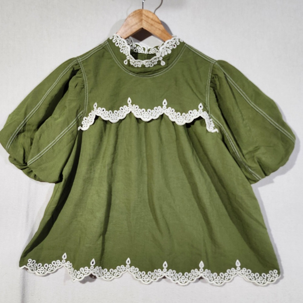 Entro Olive Green Eyelet Lace Puff Sleeve Mock Neck Blouse T28302 NWT Women L